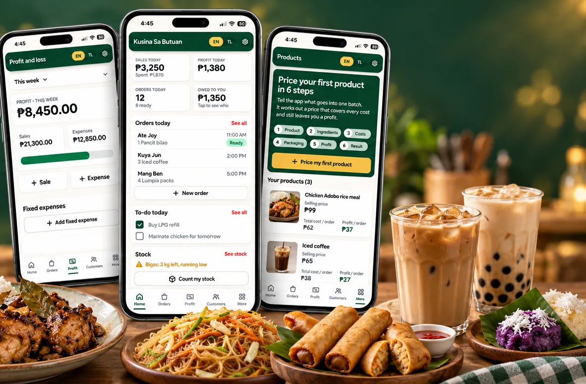 The Magandang Kita app on three phones showing profit, today's orders and product prices, next to adobo, pancit, lumpia and iced coffee
